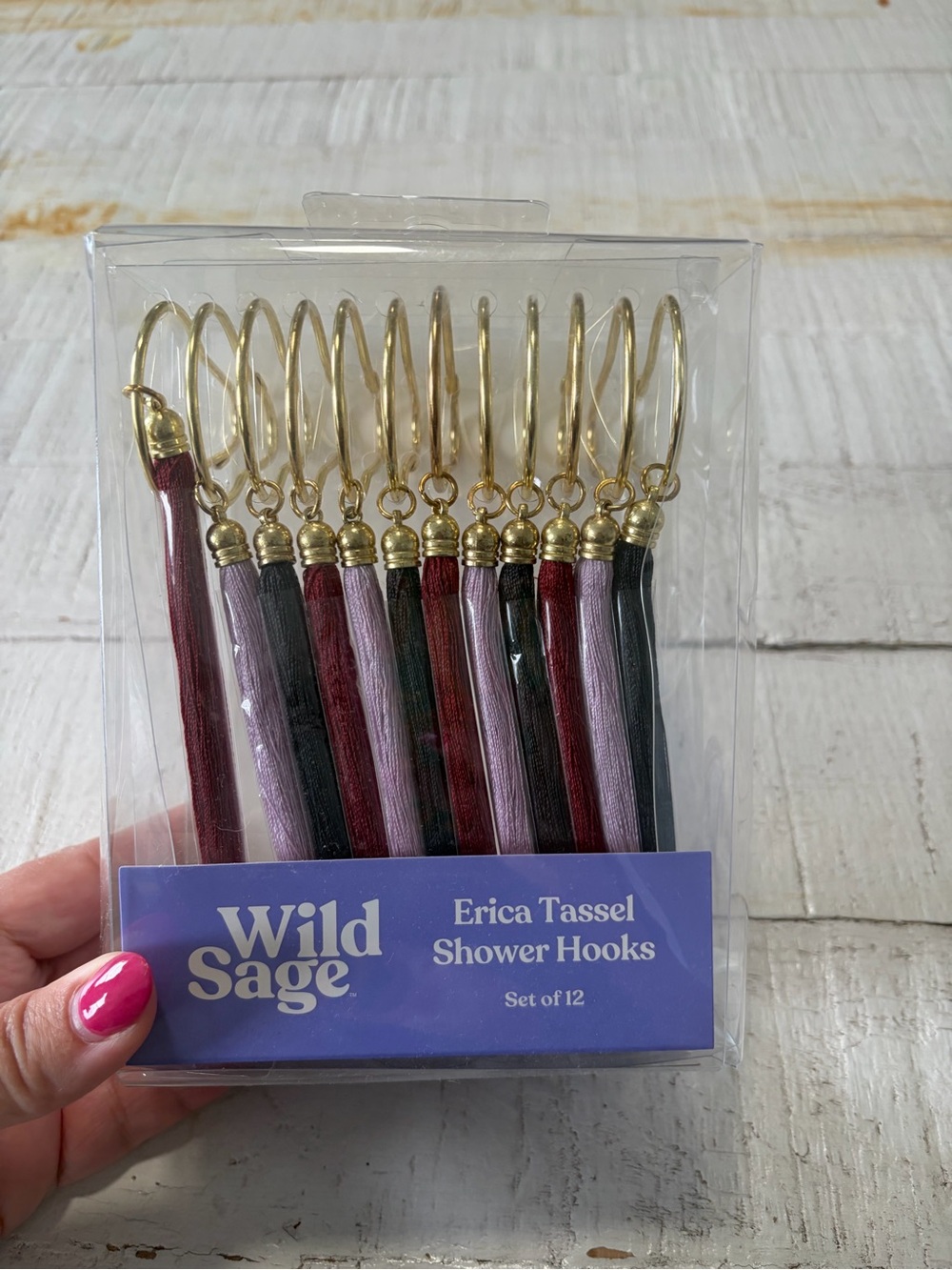 Wild Sage Erica Tassel Shower Hooks Set of 12 NEW Boho Bathroom Decor Gold